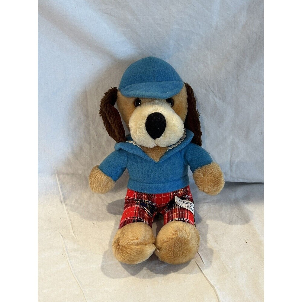 VTG Elka Toys Plush Dog Stuffed Toy Golf Outfit Blue Shirt Hat Plaid Pants